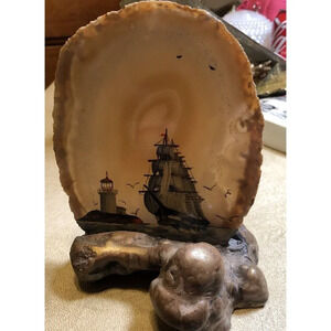 Vintage Hand Painted Brazilian‎ Agate on Manzaneta Wood Ship Artwork Signed Art